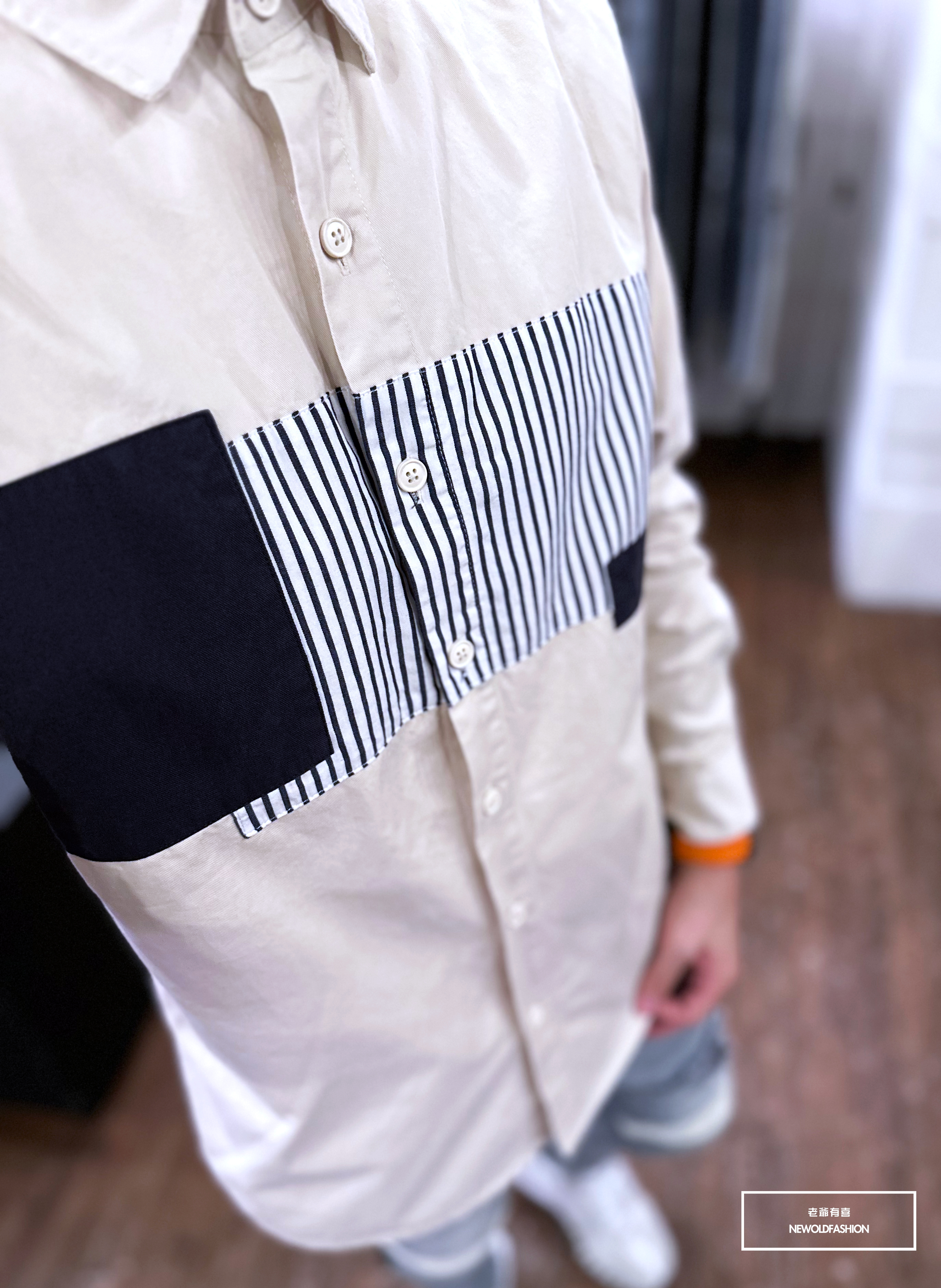 『新品上市』重磅異材質橫列拼接襯衫-米(NOF2209B8875)