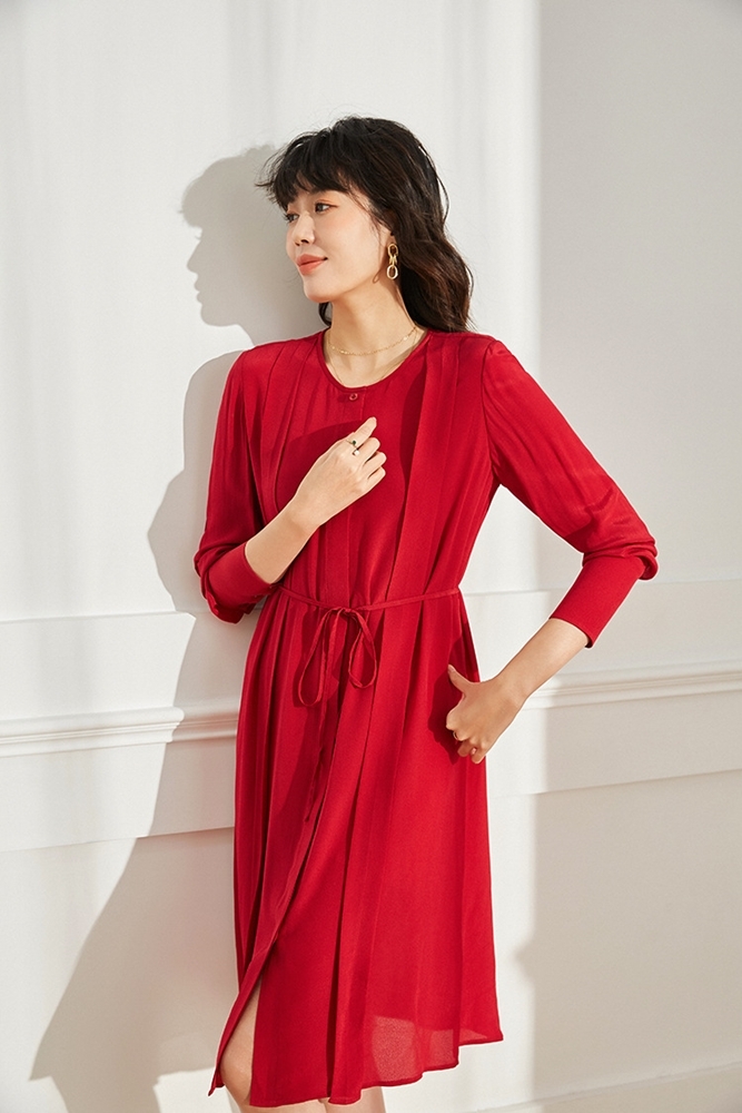 圓領壓褶細帶雪紡洋裝  兩色