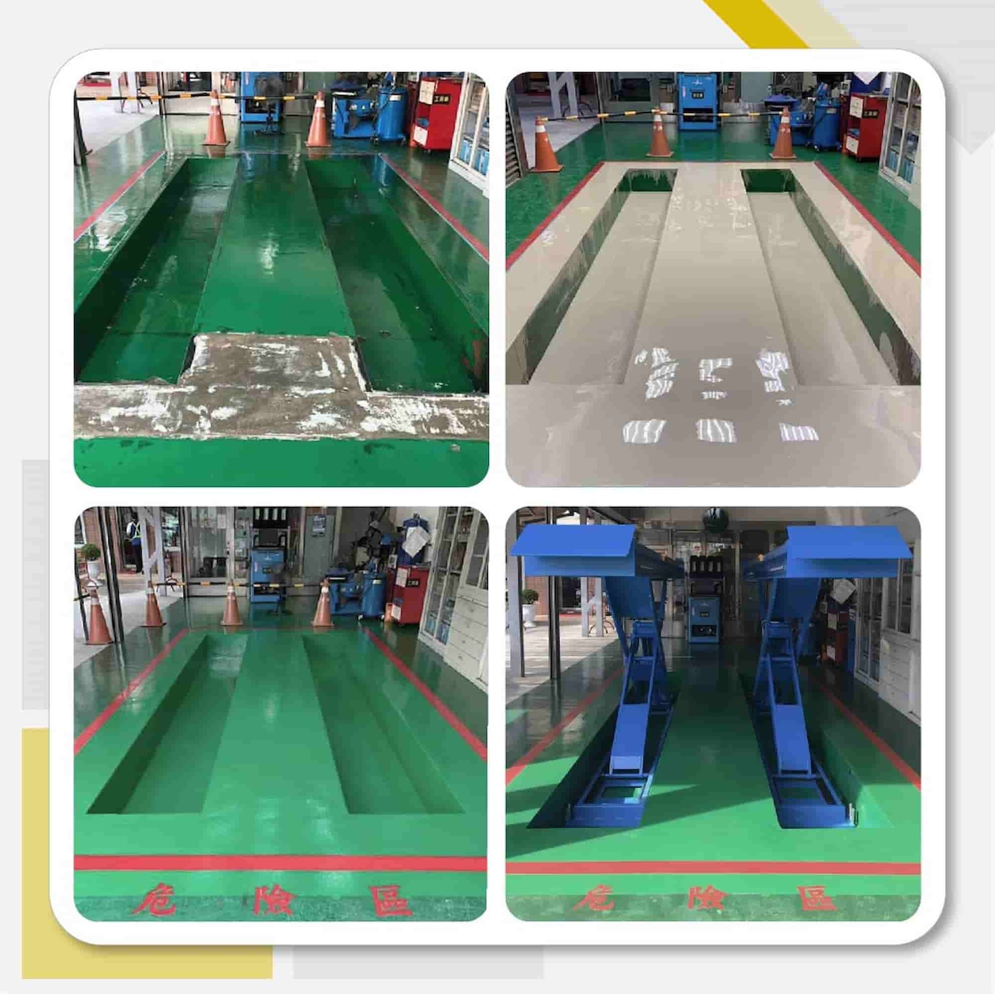 台南中油汽車保養中心地坪工程，使用南寳漆的926T溶劑型環氧地坪面漆、915ABM2經濟型環氧流展地坪中塗漆、910SP環氧樹脂透明水泥底漆。