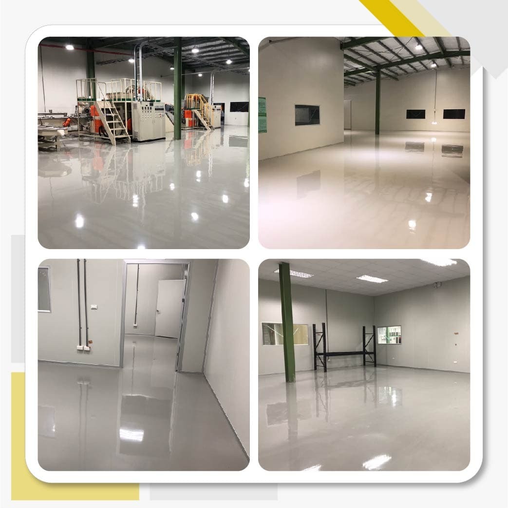 南寳精細新廠房地坪工程，使用南寳漆的910ABT無溶劑環氧流展型地坪面漆、915ABM2經濟型環氧流展地坪中塗漆、910SP環氧樹脂透明水泥底漆產品。
