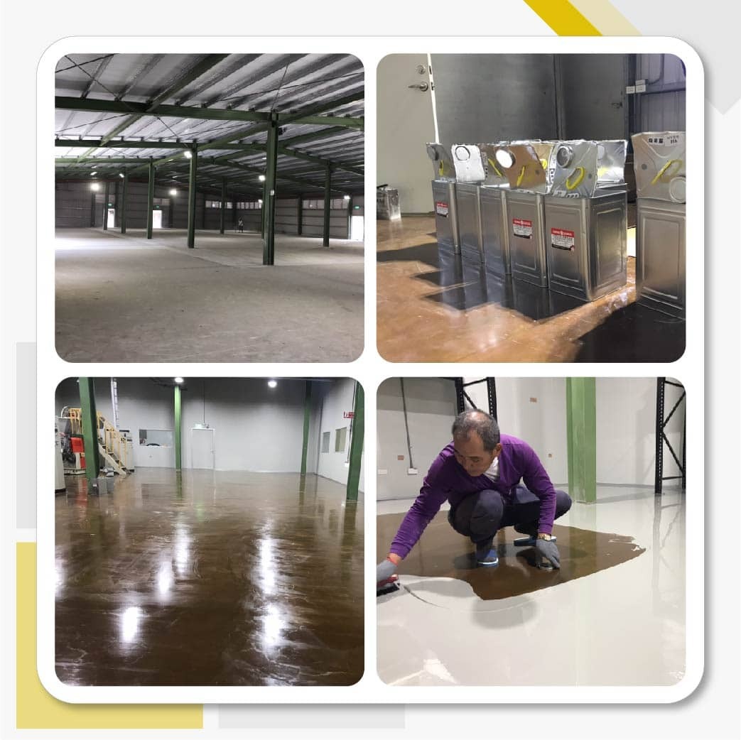 南寳精細新廠房地坪工程，使用南寳漆的910ABT無溶劑環氧流展型地坪面漆、915ABM2經濟型環氧流展地坪中塗漆、910SP環氧樹脂透明水泥底漆產品。