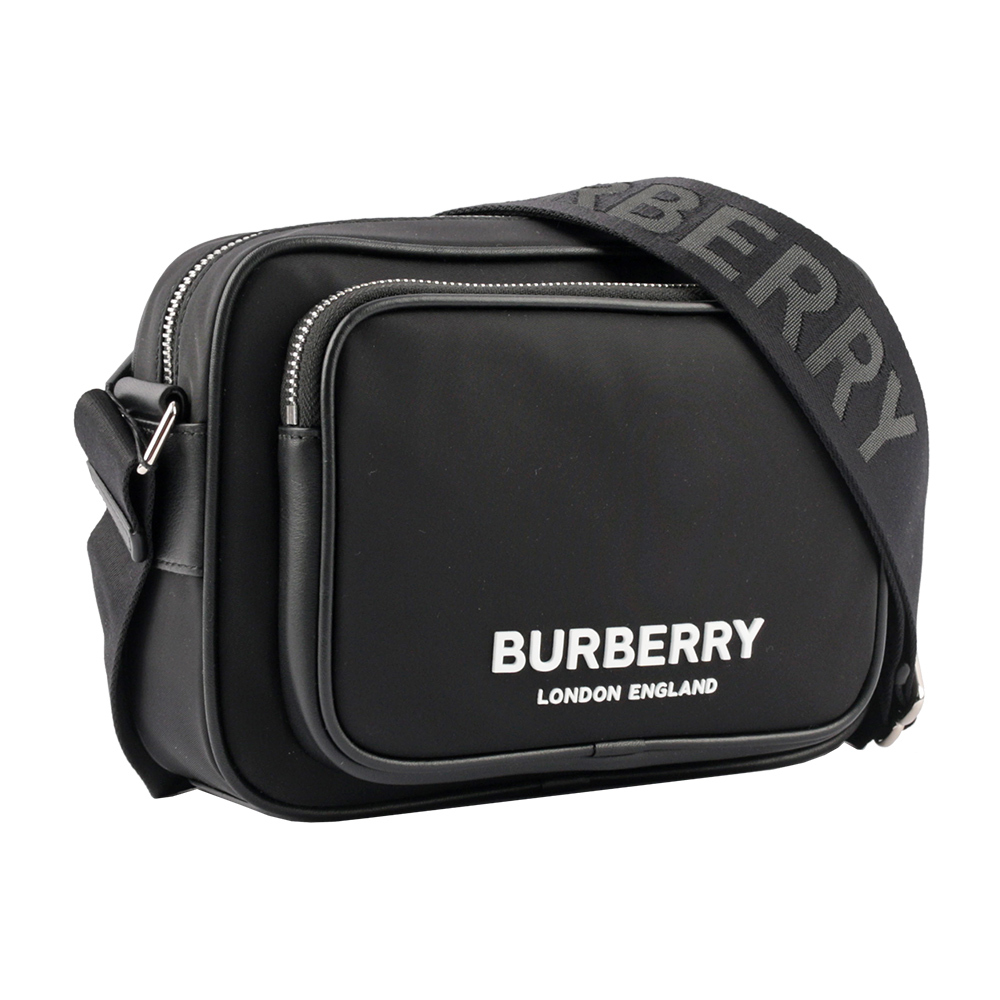 【BURBERRY】徽標Logo 尼龍雙口袋拉鍊斜背包(黑色)