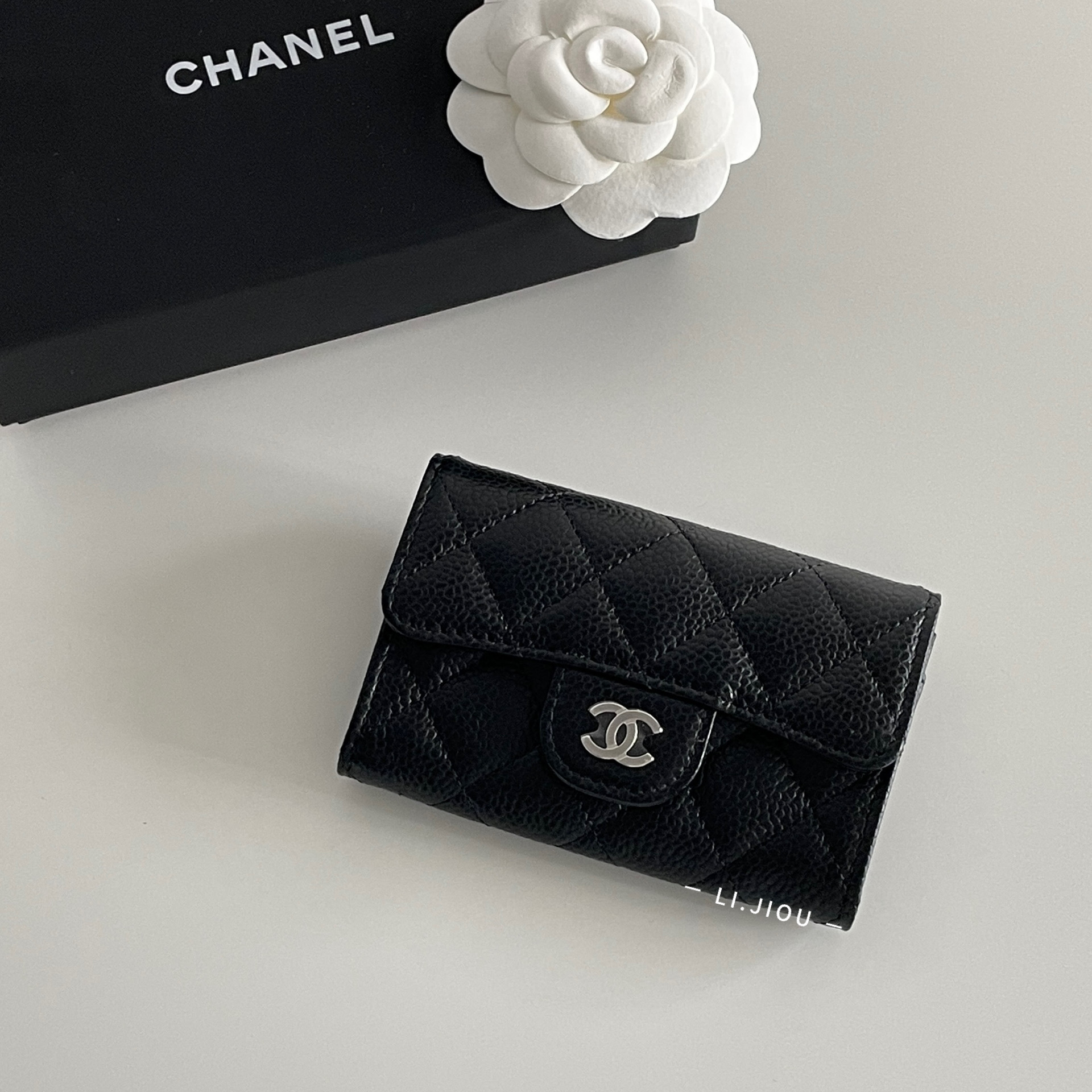 Chanel 黑銀釦荔枝牛皮卡包 零錢包