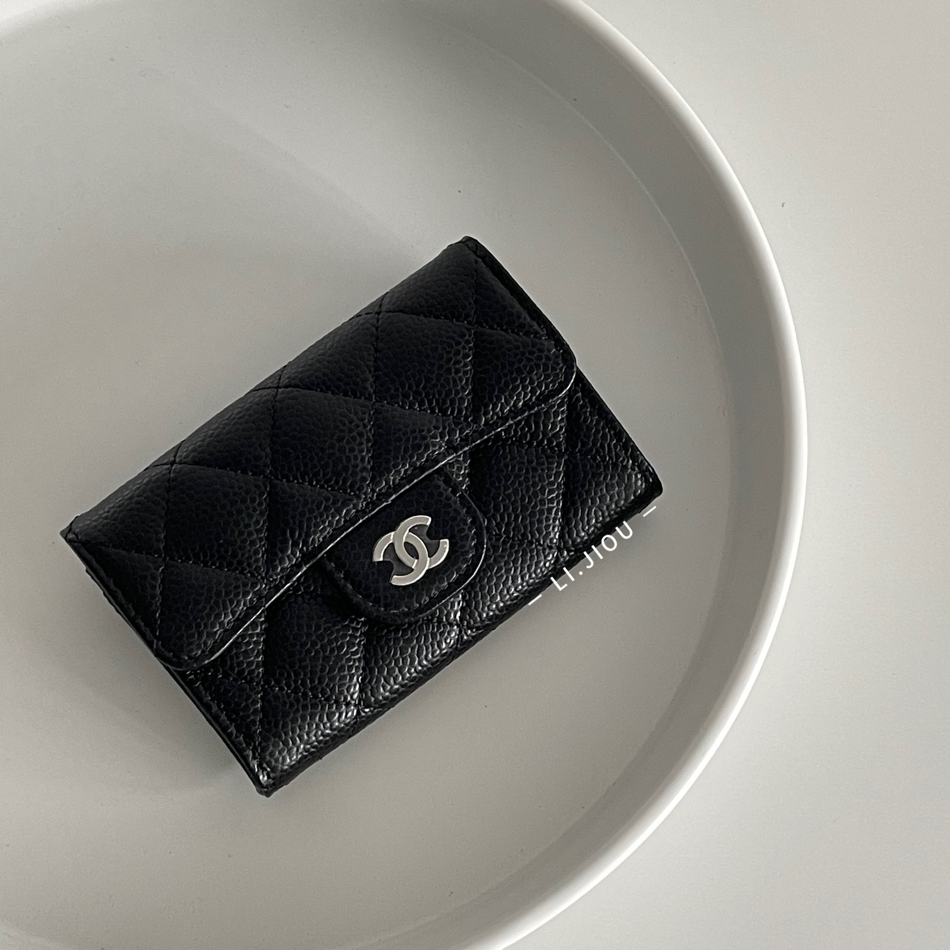 Chanel 黑銀釦荔枝牛皮卡包 零錢包