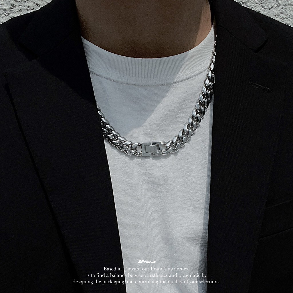 【BLUZ】12mm 鑽石扣古巴項鍊 加密 鈦鋼 醫療鋼 316L