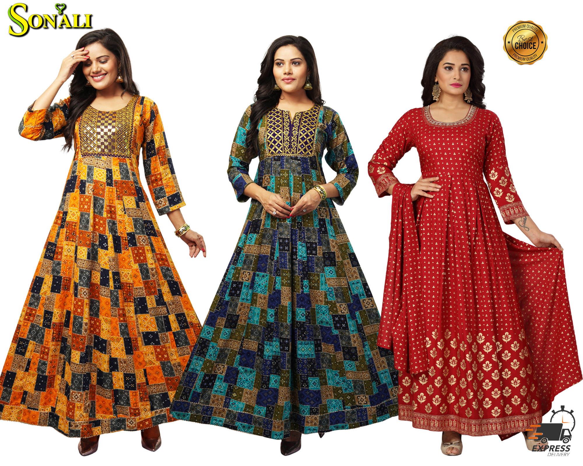 Sonali Premier Quality Women's Cool Rayon Flair Gowns with Pocket (Style and Color Refer Image)-Q1768A/Q1768B/Q1501