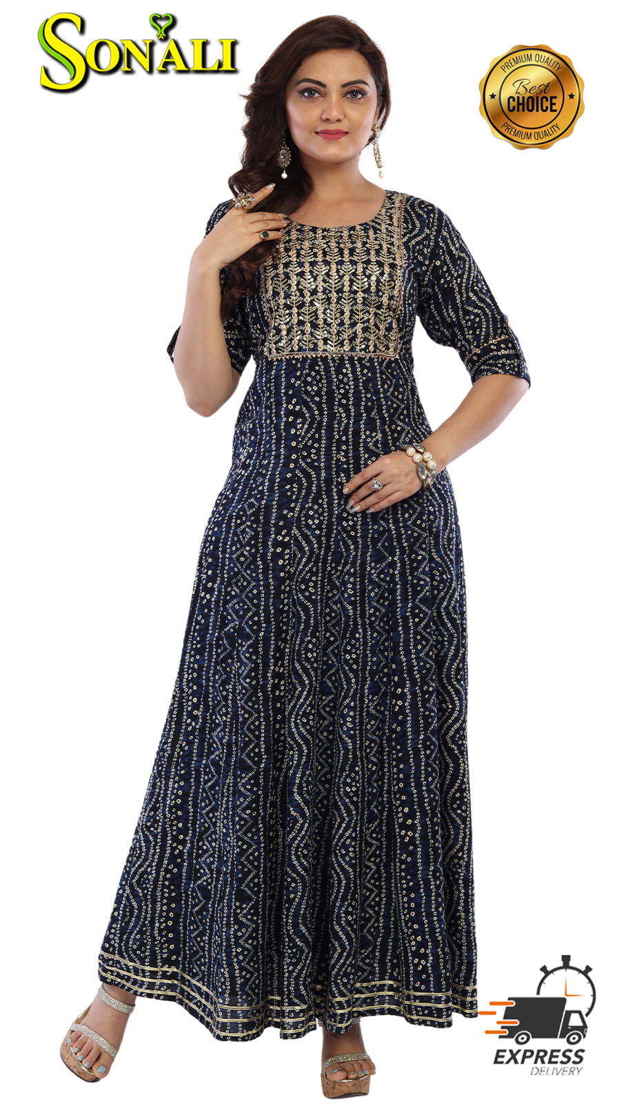 Sonali Premier Quality Women's Long Style Bandhani Kurti's and Gown with Pocket (Style and Color Refer Image)