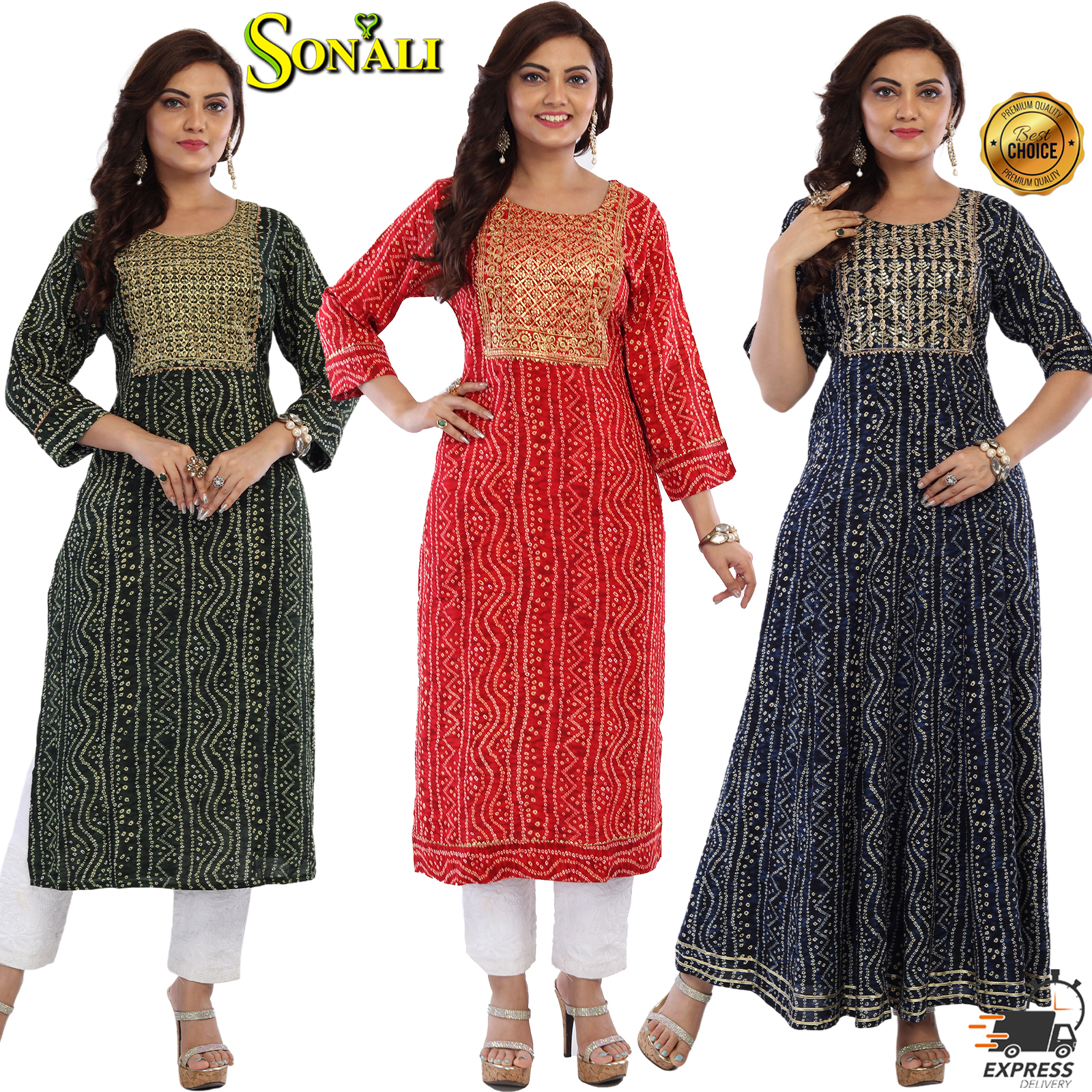 Sonali Premier Quality Women's Long Style Bandhani Kurti's and Gown with Pocket (Style and Color Refer Image)