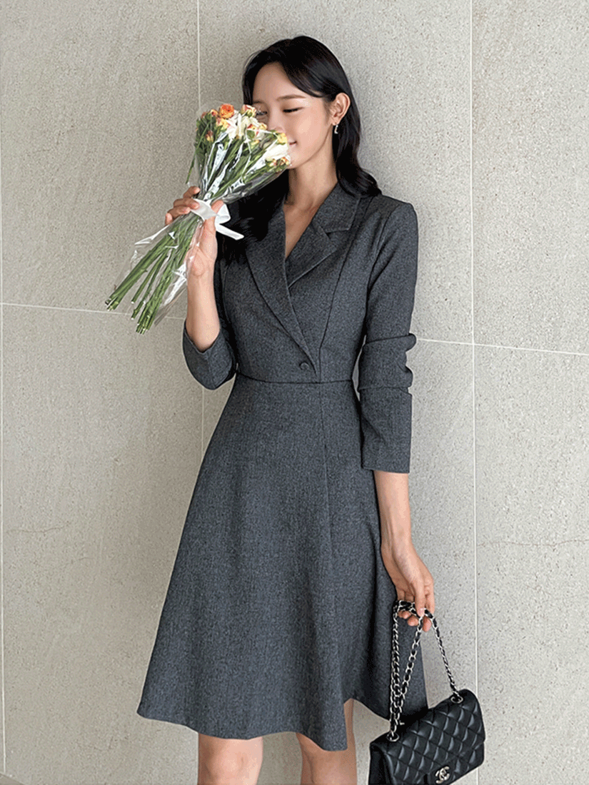 [現貨] 雙扣修身剪裁洋裝(灰色) [ M ]