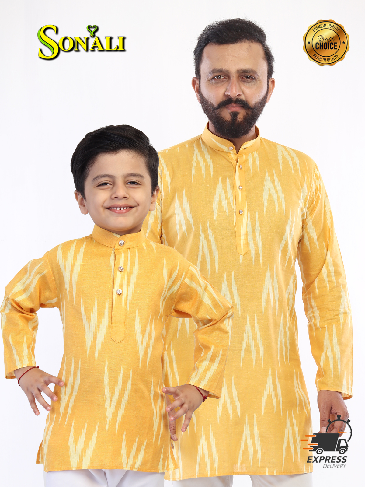 Sonali Premier Quality Father & Son Collections Men's Jippa and Boy's Jippa Yellow Color (TOP Only) - Q1794/Q1795