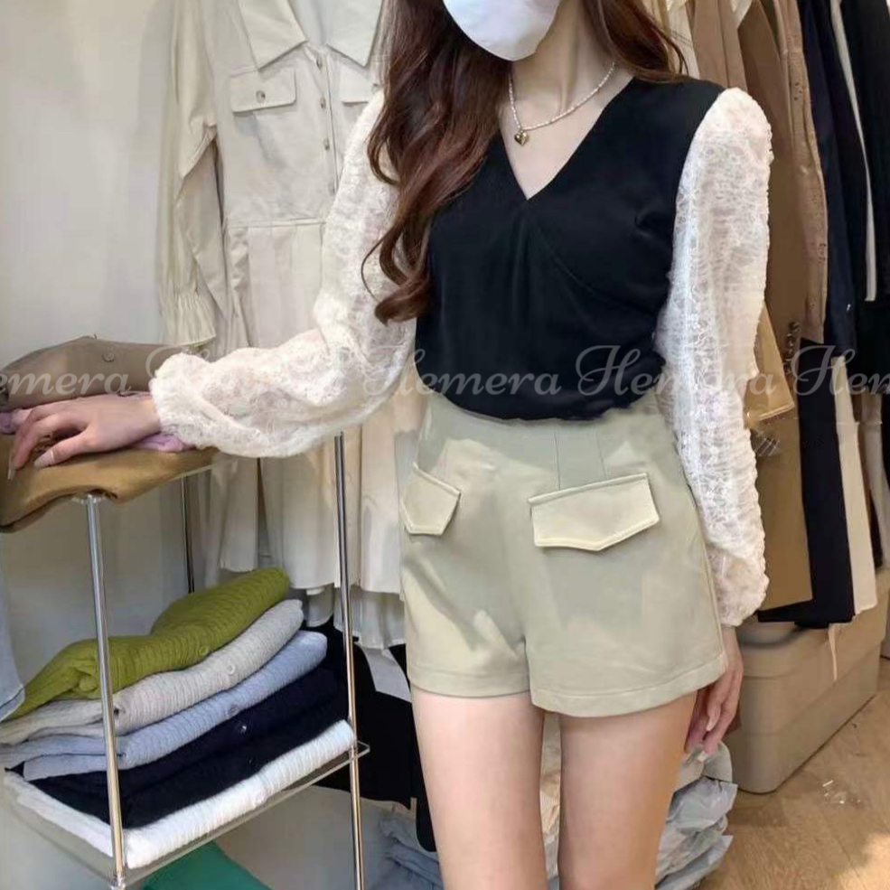 LACE透膚網紗袖交叉V領針織上身 TP22S1009