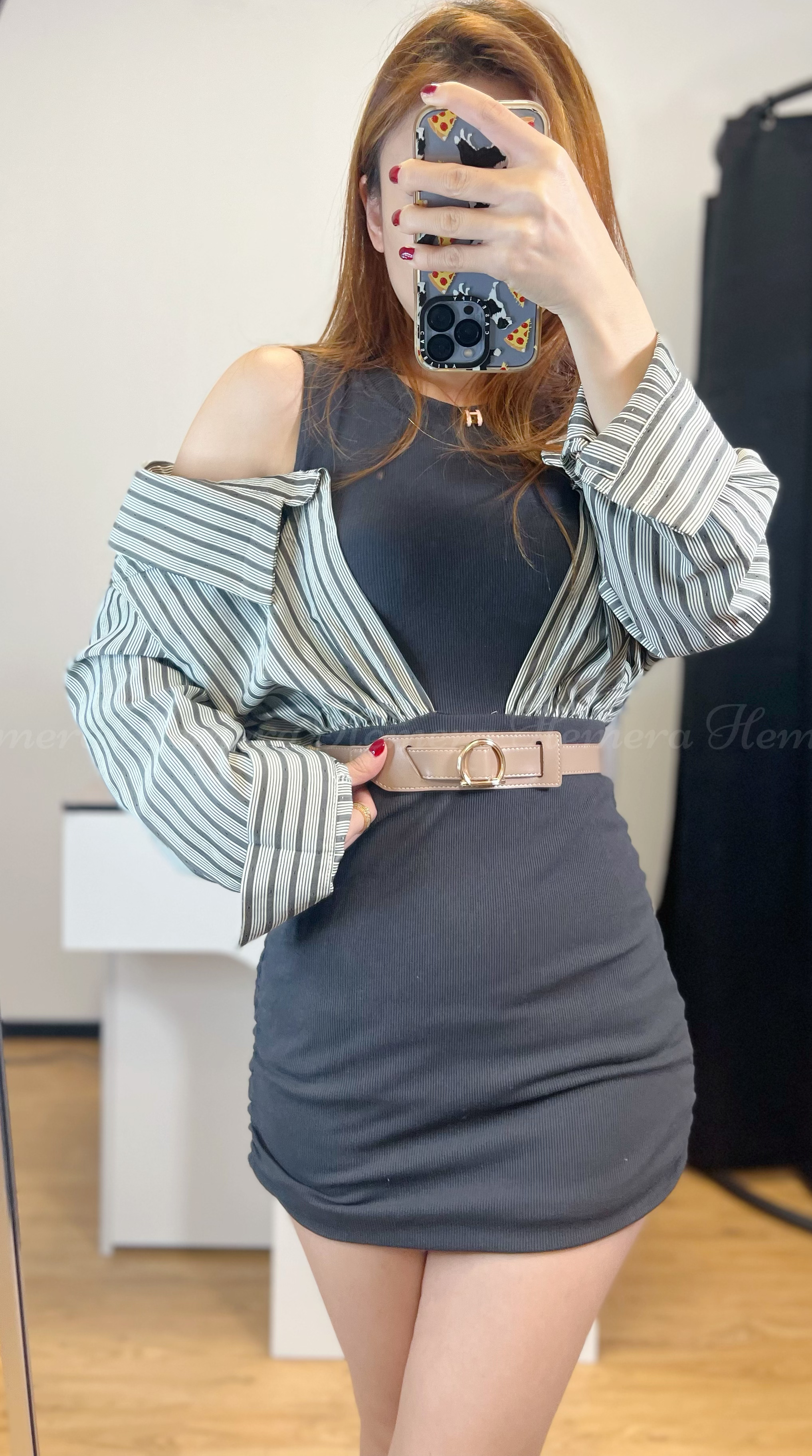 假兩件間條襯衫Oversize袖露膊連身裙 DR22S1005