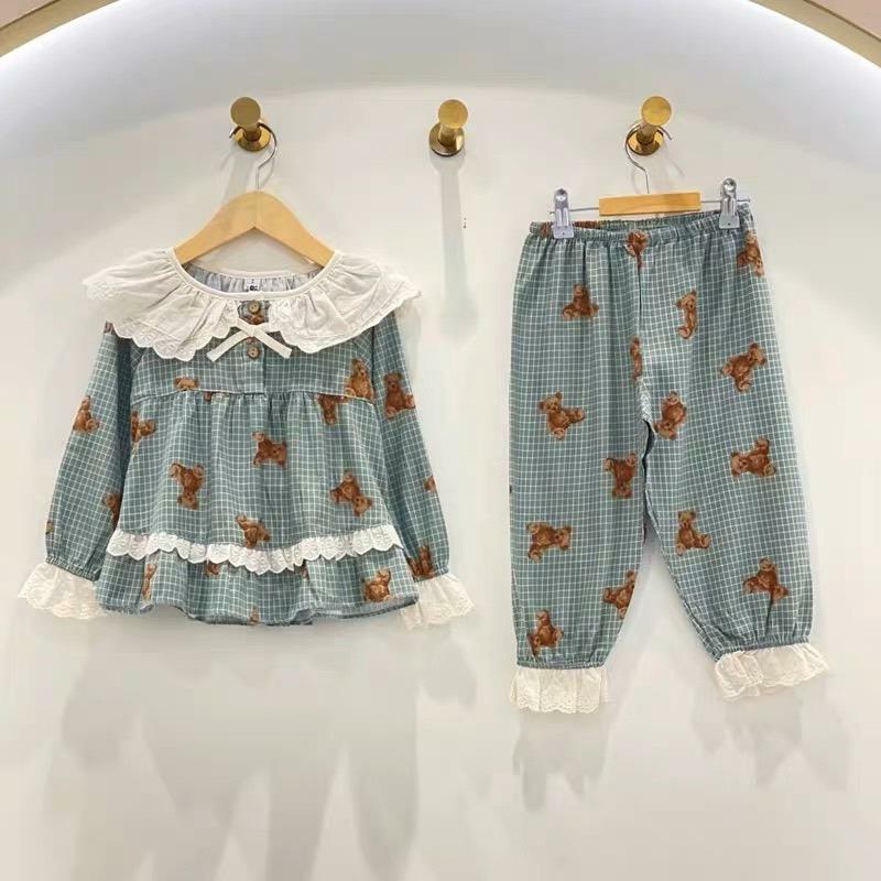 【現貨】小孩熊熊綠格子睡衣(女S)