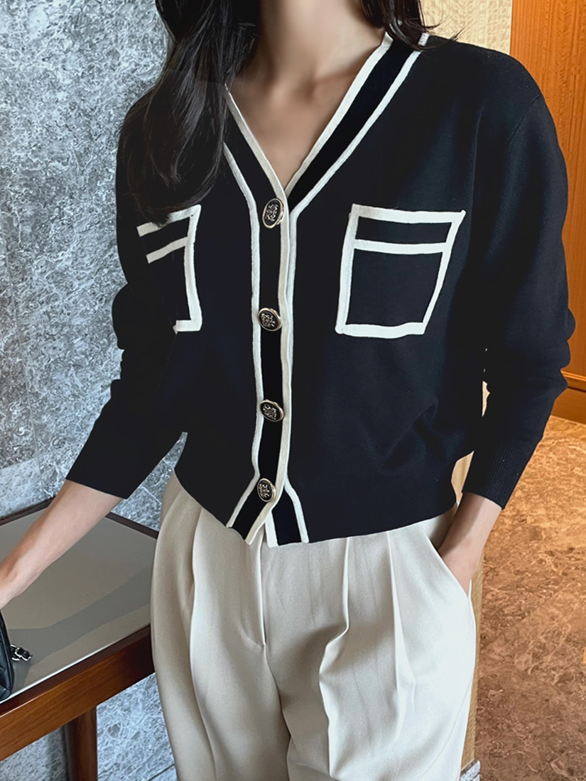 [現貨]拼色V領針織外套(黑色)