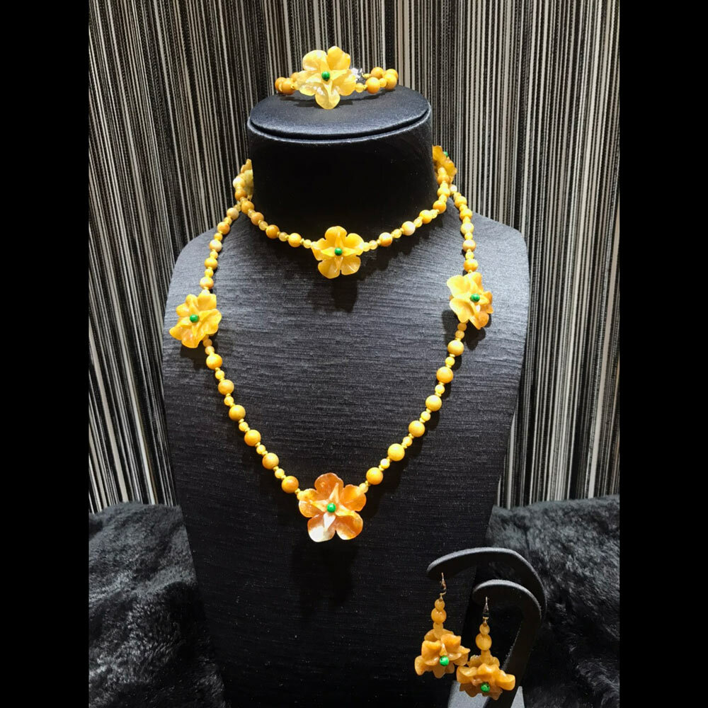 花開富貴天然黃翡翠項鍊耳環手鏈套組