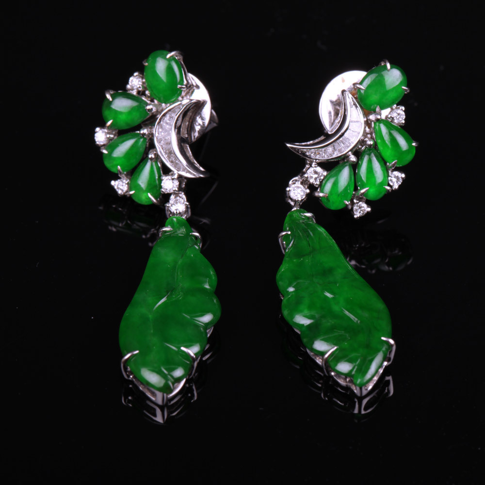 天然老坑玻璃種綠翡翠-耳環