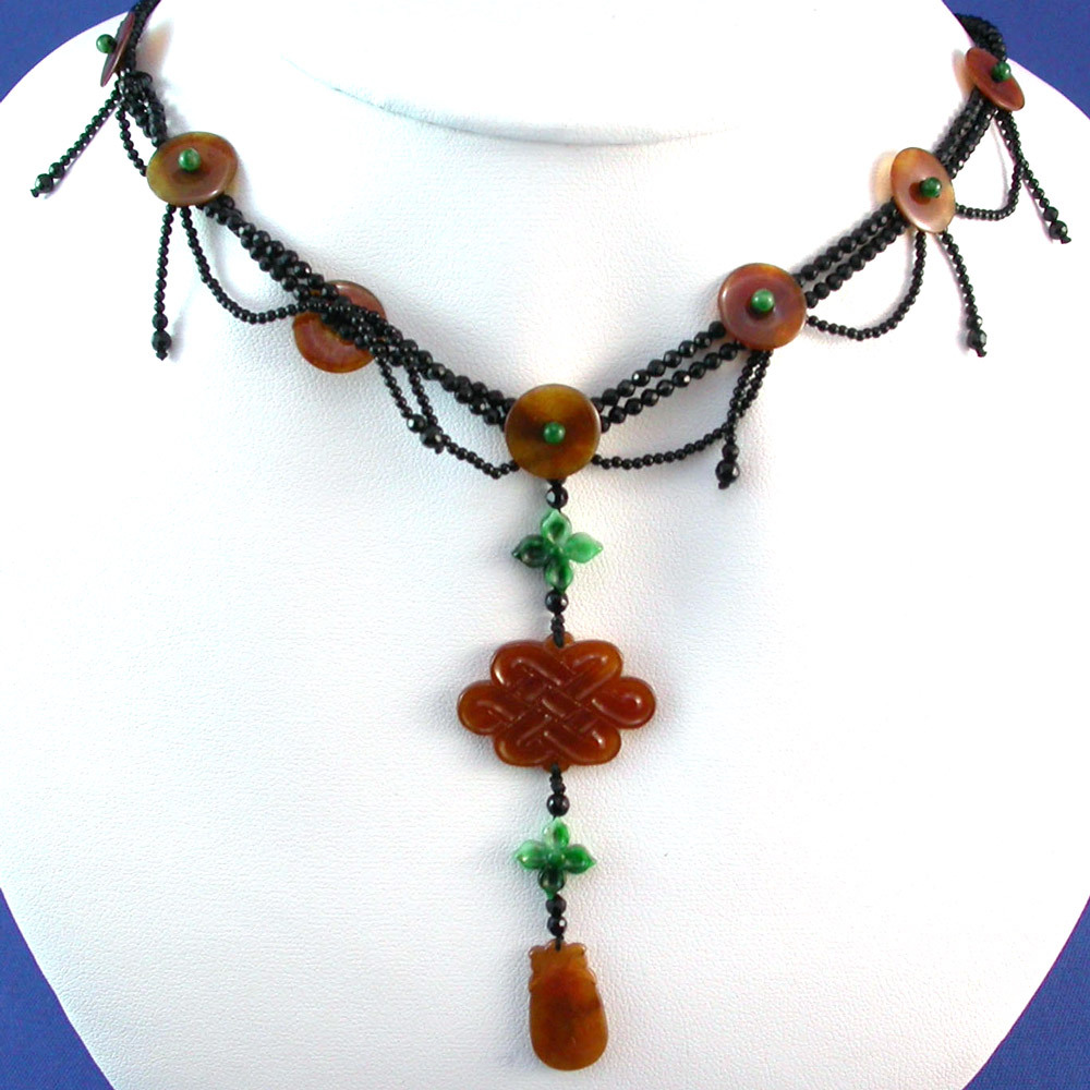 天然紅翡翠長盤結+黑瑪瑙珠鍊-項鍊