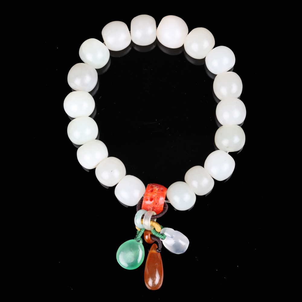 天然新疆和闐白玉手環-紅瑪瑙-天然綠白紅玻璃種玉墜