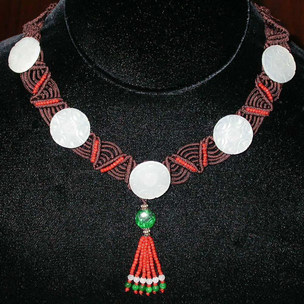 天然新疆和闐羊脂白玉+紅翡綠翠白翡鍊珠-項鍊