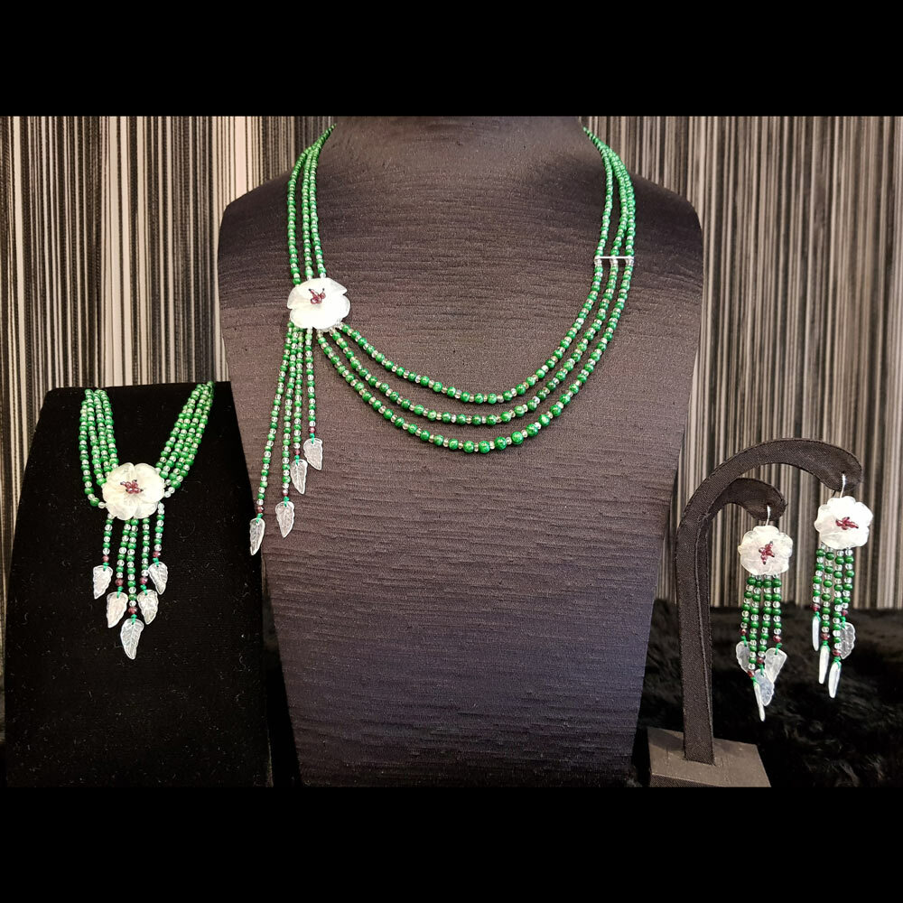 天然綠翡翠珠項鍊套組+白翡翠花