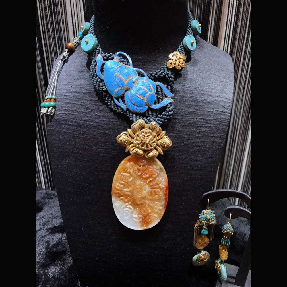 緬甸紅翡翠天干地支八卦+鎏金如意寶相花+綠松石古錢幣