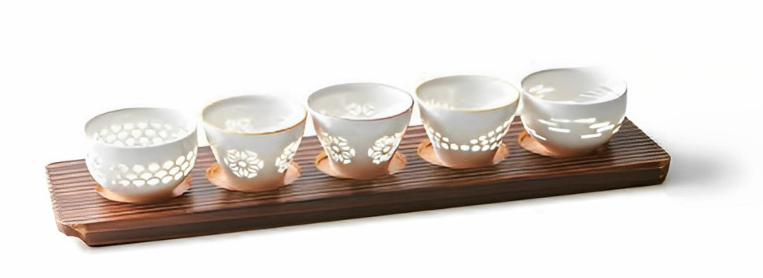 丸モ高木陶器 手繪通花瓷杯 5個套裝  連木製燒杉托盤（雲母金）