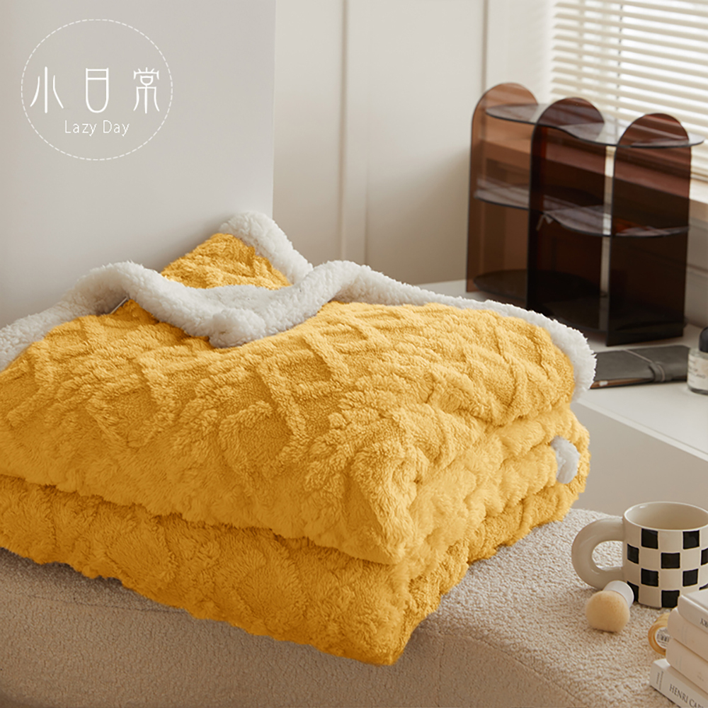 特選 天然色羊毛100% 中国段通 元宝緞通 90段 約176cm×35cm 莫蘭迪輕奢純色『暮冬黃』雕花牛奶絨x羊羔絨雙面毛毯1