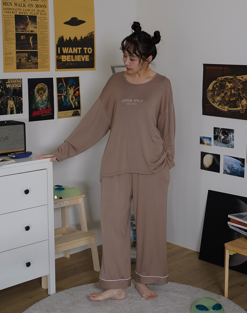 OuterSpace 長袖睡衣套裝 - 可可