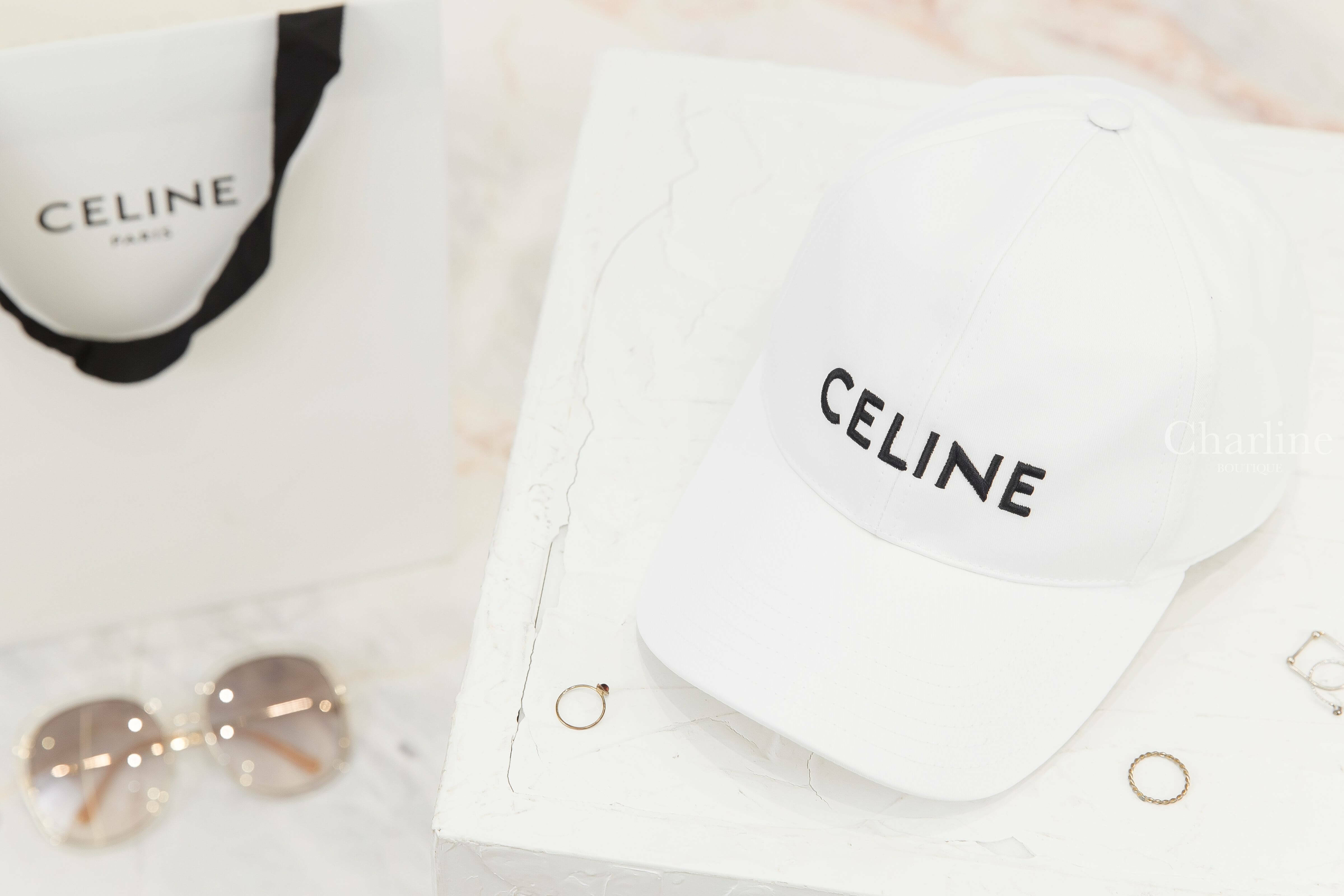 Celine Cap 白色刺繡黑字棉質棒球帽-Charline Boutique精品代購