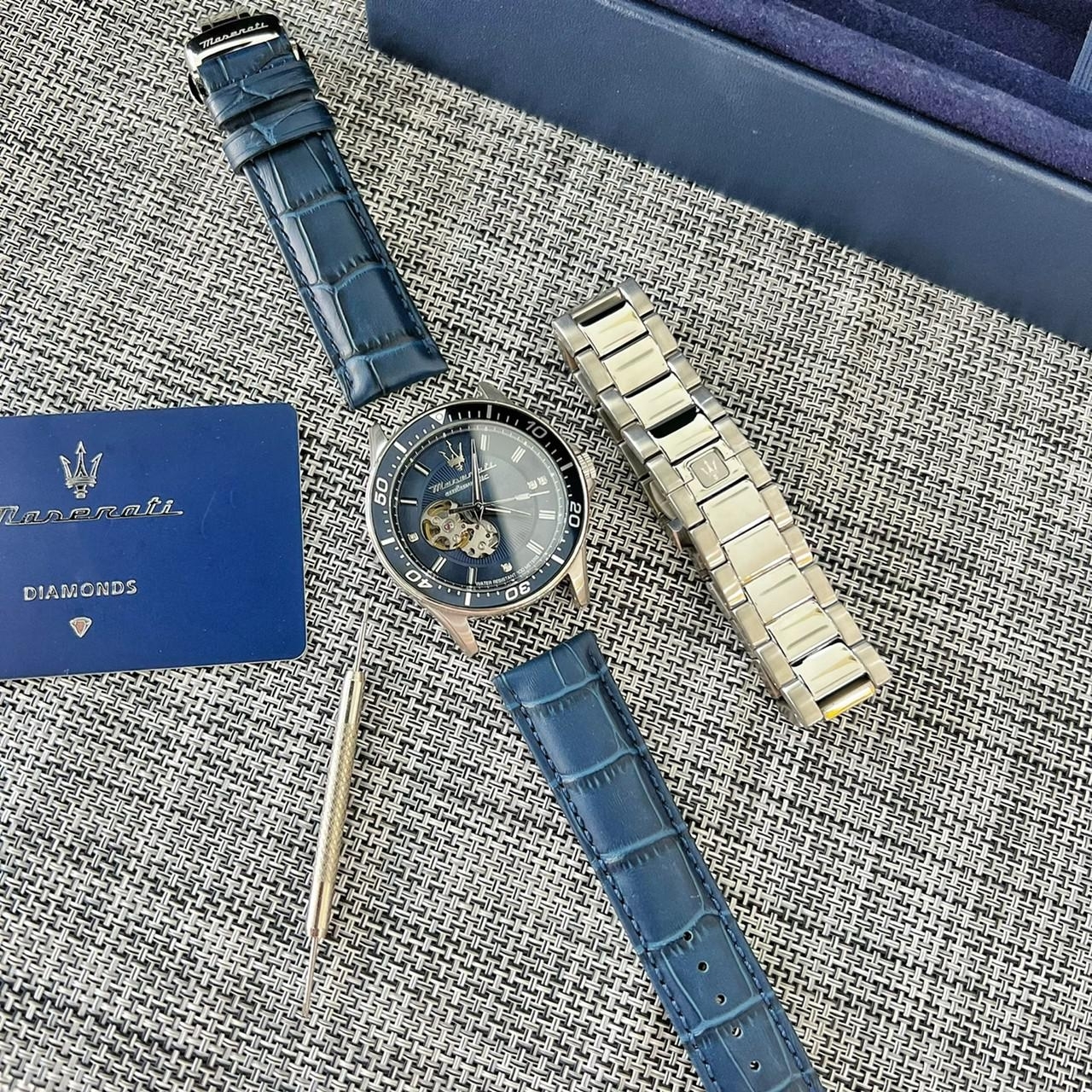 【Maserati 瑪莎拉蒂】Sfida 紳士藍雙錶帶自動機械腕錶套組 R8823140007 44mm 現代鐘錶