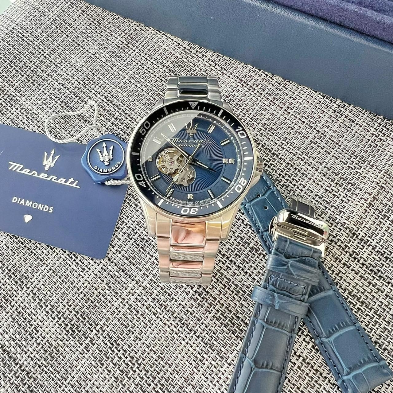 【Maserati 瑪莎拉蒂】Sfida 紳士藍雙錶帶自動機械腕錶套組 R8823140007 44mm 現代鐘錶