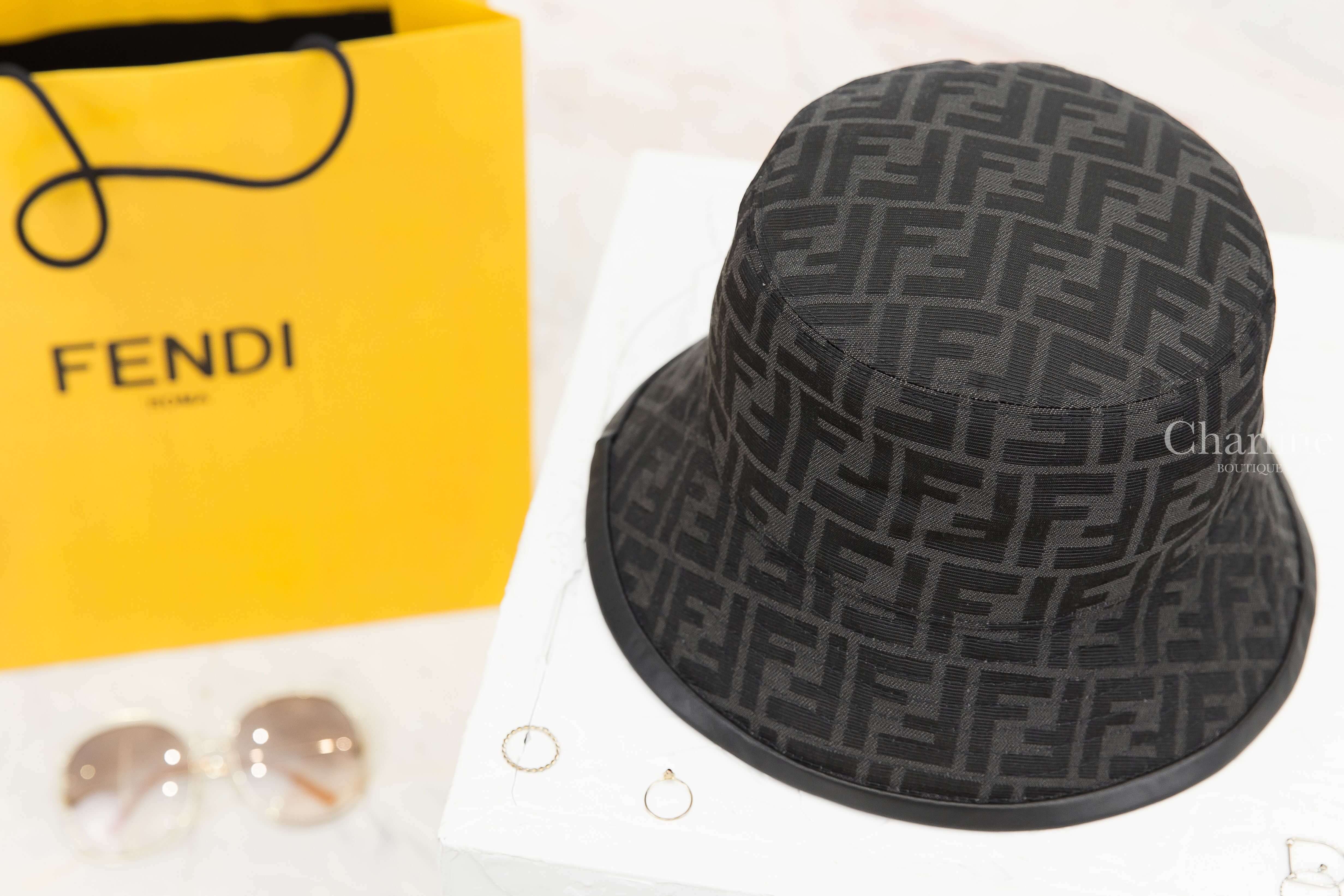 Fendi Hat 黑色FF老花字樣羊皮滾邊棉質漁夫帽