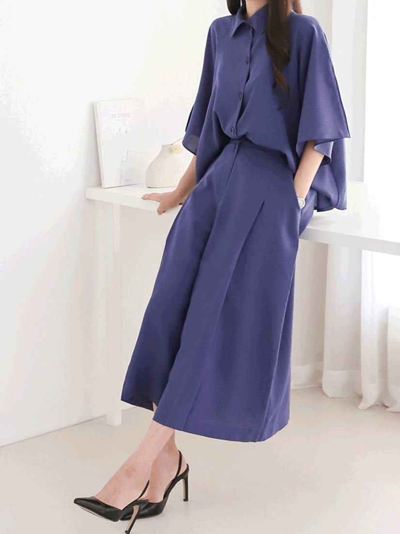 [現貨]前後兩穿寬袖襯衫褲裙套裝 [ 2色 / Free ]