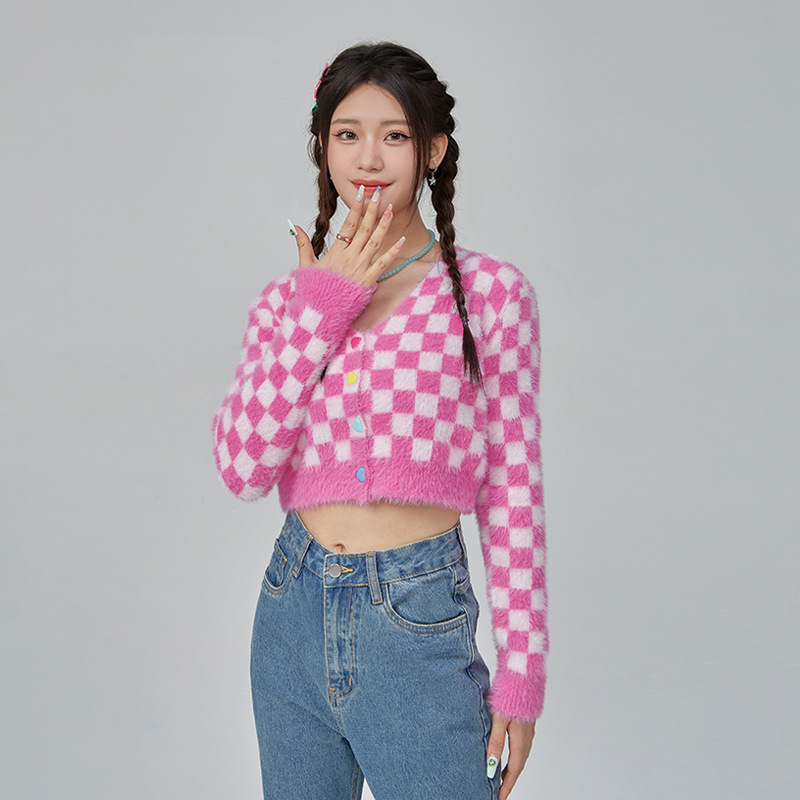 粉色棋盤格針織愛心釦開衫毛衣外套