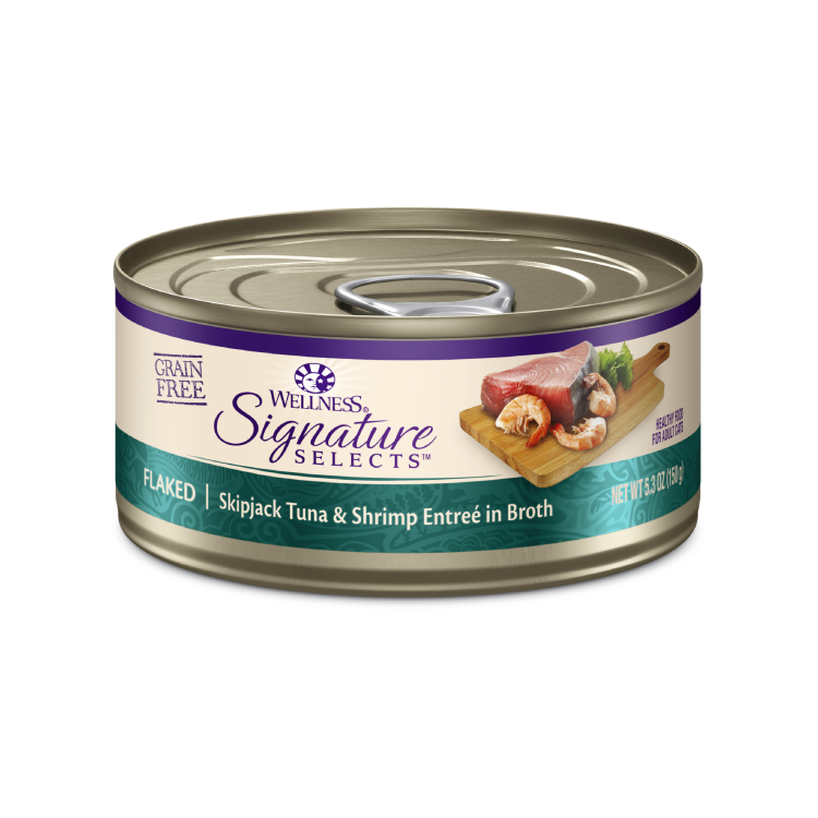 (6罐5.3oz@$24.5) Wellness Signature 無穀物 鰹魚蝦肉吞拿魚腩片 (綠藍)