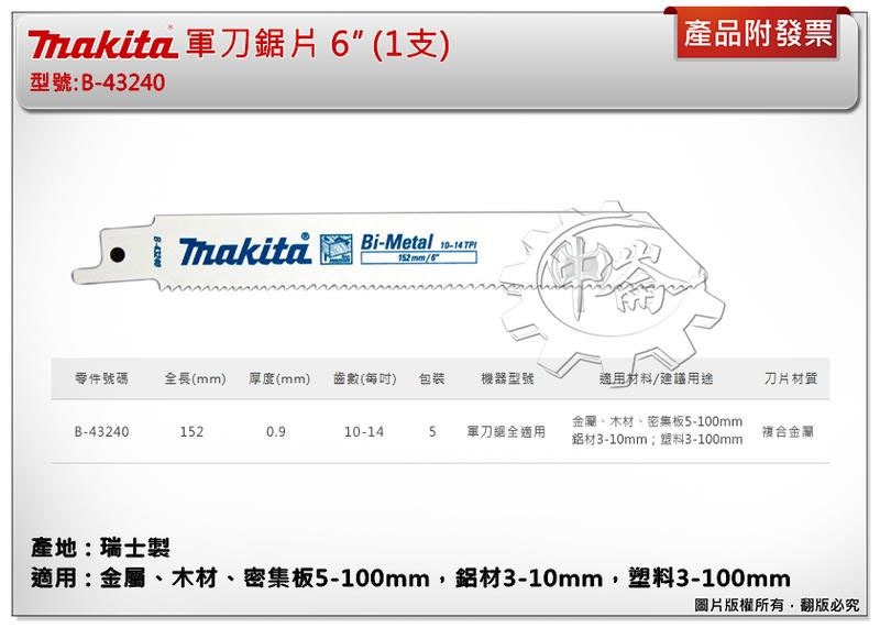 ＊中崙五金【附發票】(瑞士製) 牧田軍刀鋸片 B-43240 (單支/一卡5支) 長6吋 金屬、木材、密集板、鋁材、塑料