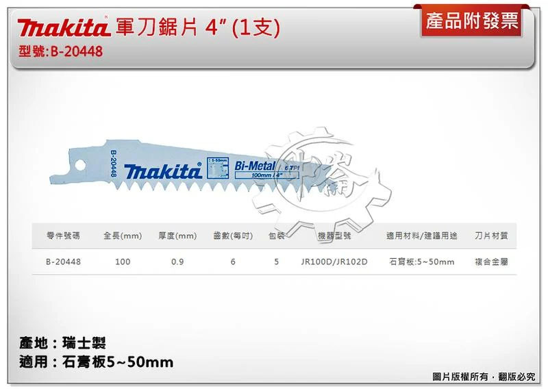 ＊中崙五金【附發票】(瑞士製) 牧田軍刀鋸片 B-20448 (單支 / 一卡5支) 長度4吋 複合金屬 適用石膏板