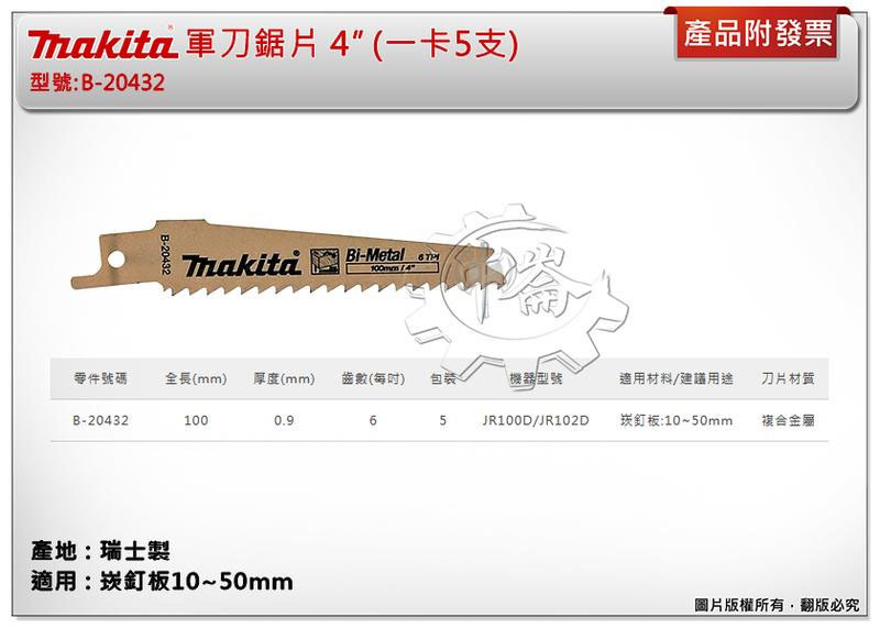 ＊中崙五金【附發票】(瑞士製) 牧田 軍刀鋸片 B-20432 (單支 / 一卡5支) 長度4吋 複合金屬 適用崁釘板
