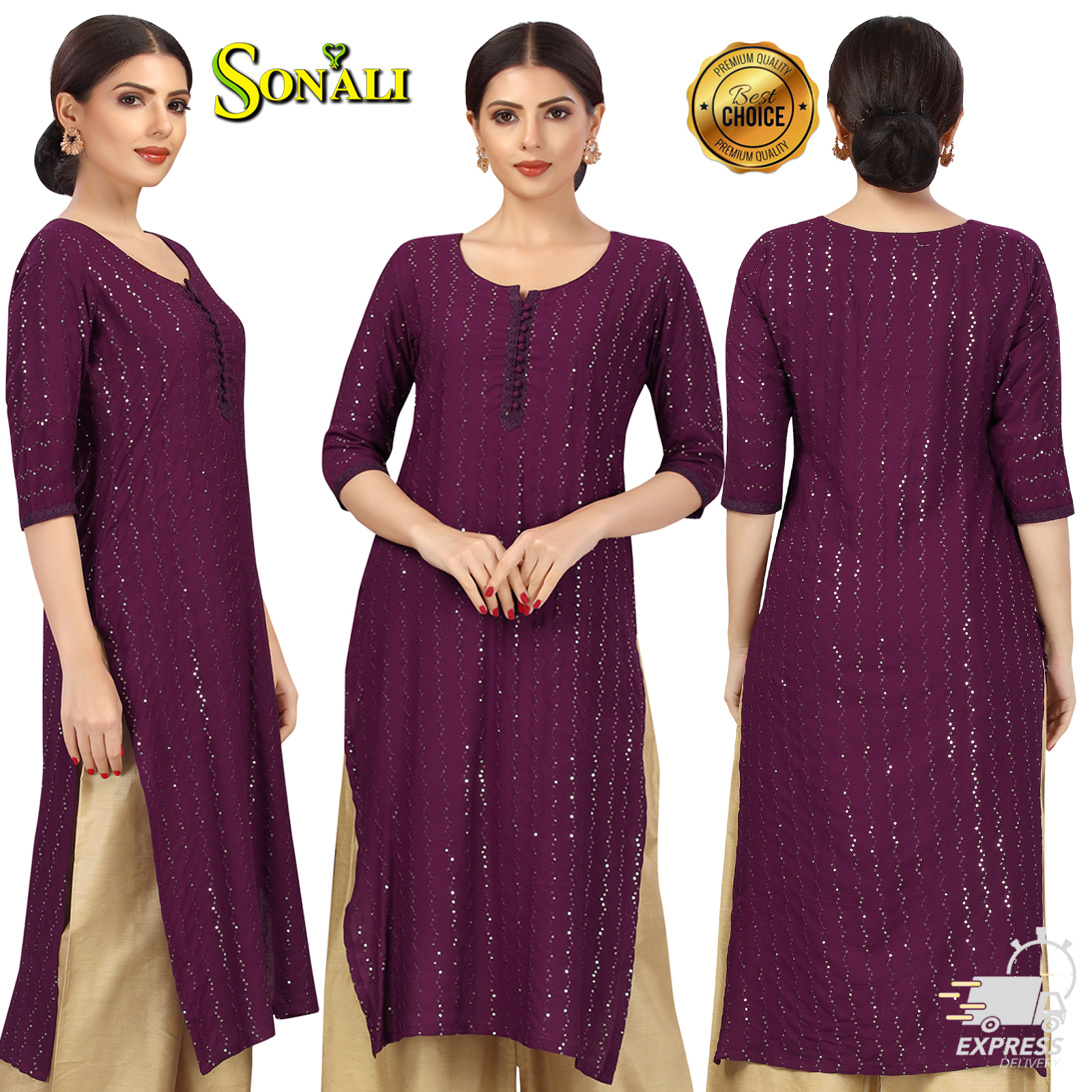 Sonali Premier Quality Women's Cool Rayon with Front & Back Sequins Tops with Pocket and Palazzo - Q1774A/Q1774B/Q1775/Q17776