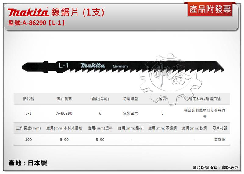 ＊中崙五金【附發票】(日本製) 牧田 A-86290 (L-1) 線鋸片 數量1支 高碳鋼材質 適用切割厚材料及修整作業