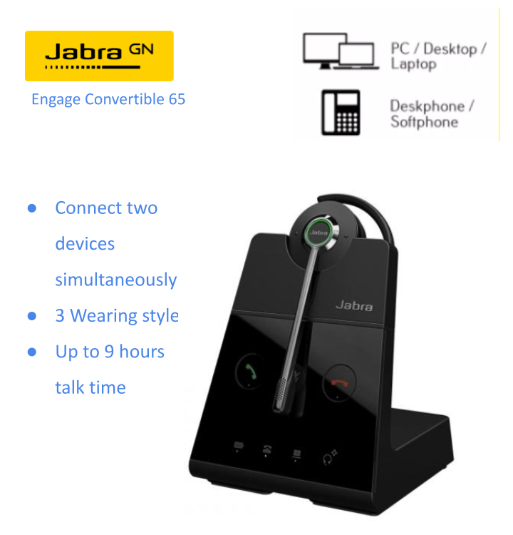 JABRA ENGAGE 65 CONVERTIBLE WIRELESS DECT HEADSET (3 wear style) (Deskphone (RJ9) + PC (USB) (Part No9555-553-117)