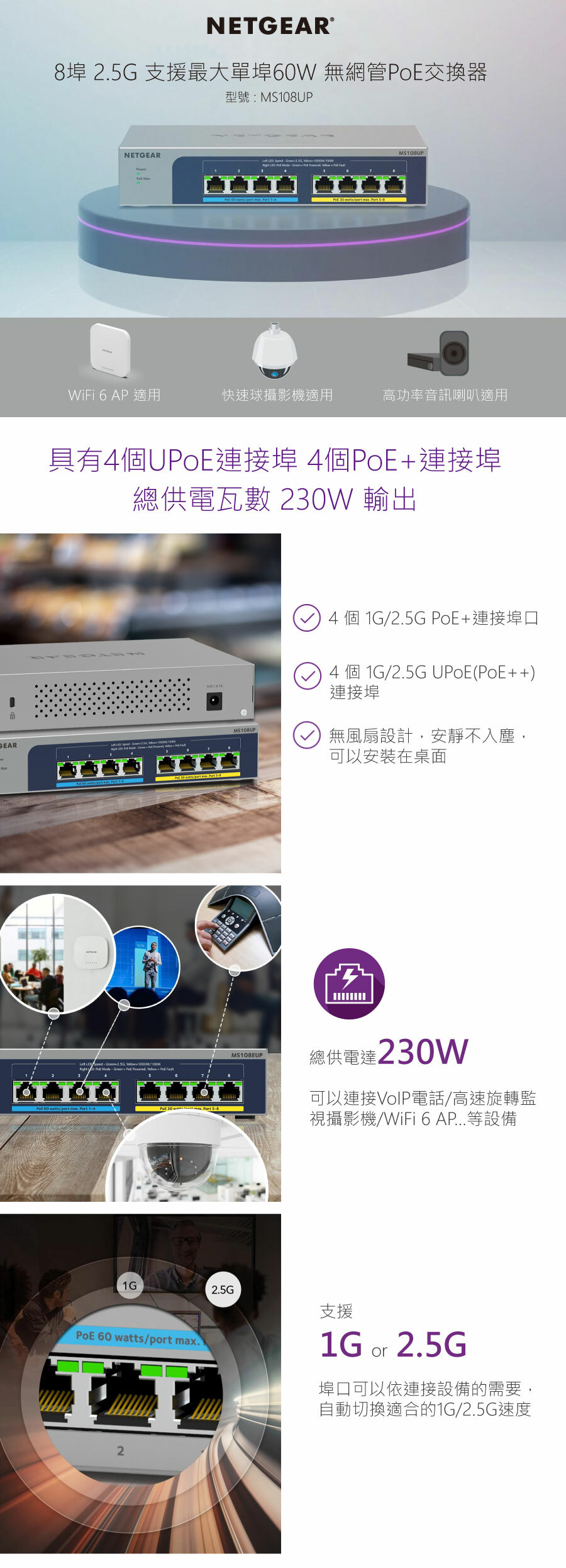 NETGEAR 8埠1G/2.5G Gigabit POE++ 交換器總PoE瓦數230W