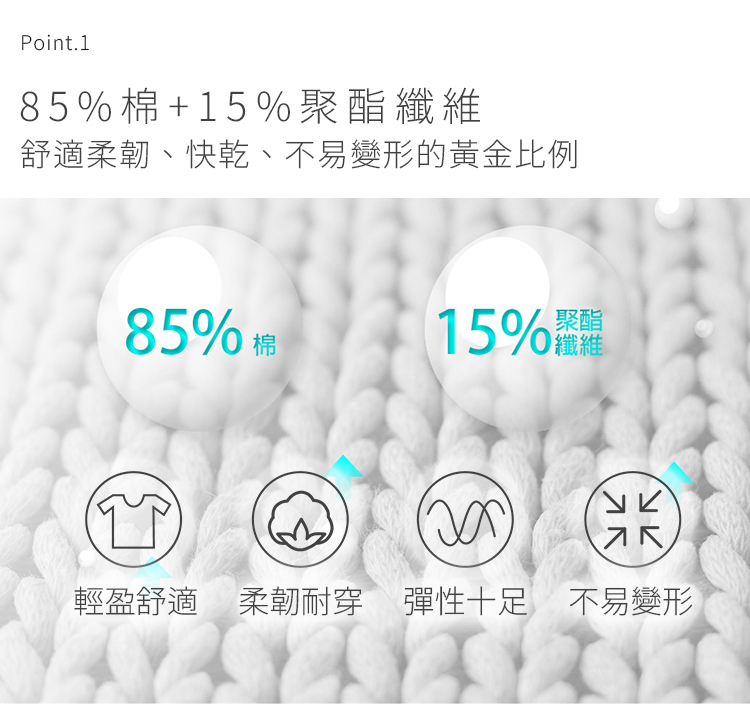 Point.85%棉 15 %聚酯纖維舒適柔韌、快乾、不易變形的黃金比例85% 15%1纖維輕盈舒適柔韌耐穿彈性十足 不易變形