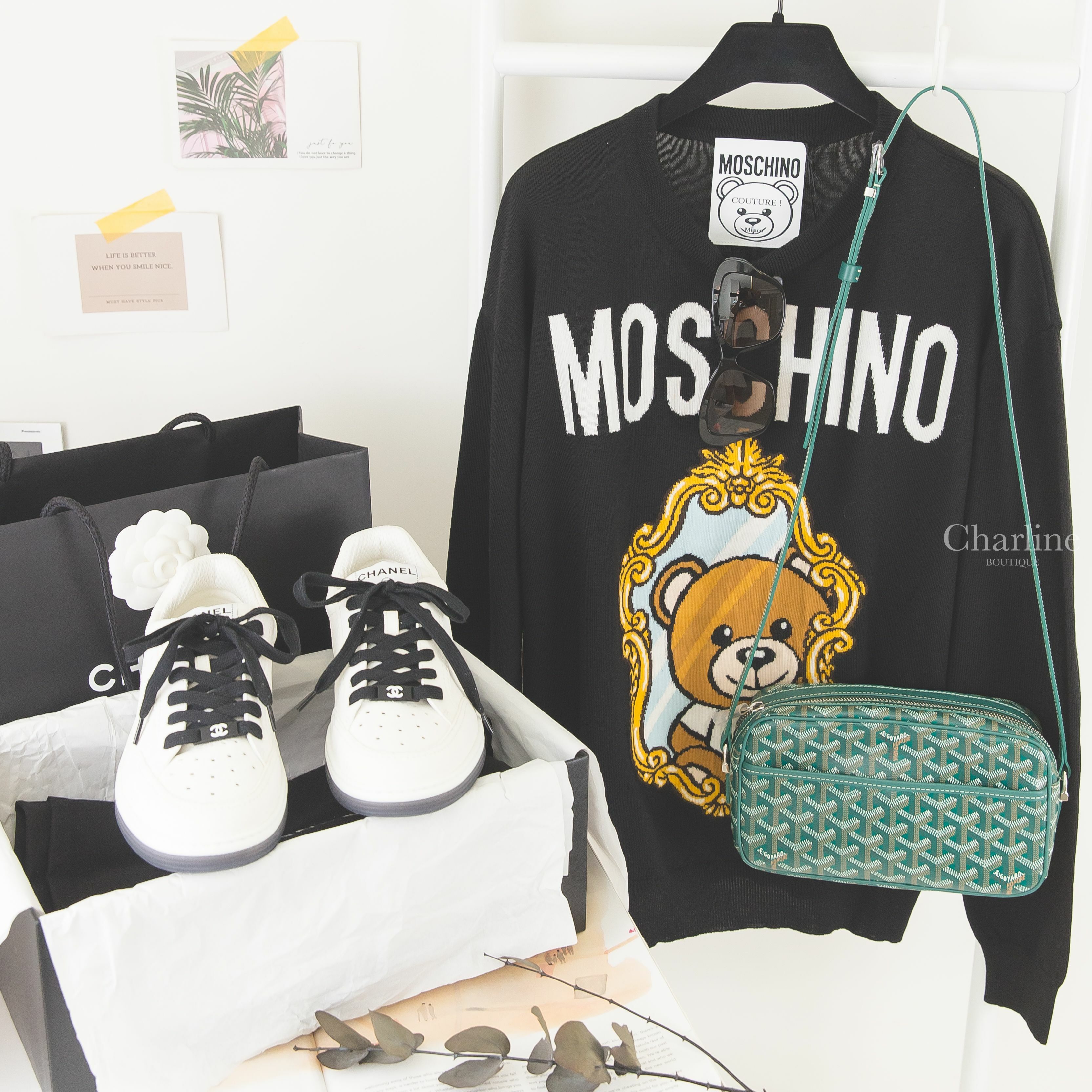 Goyard Cap-Vert PM Bag 綠色牛皮肩背包,Chanel 白色拼黑色鞋帶白CC字母後跟運動鞋,Chanel 黑色蝴蝶型咖啡鏡片黑色鏡腳黑金皮穿鍊水鑽CC太陽眼鏡-Charline Boutique 精品代購