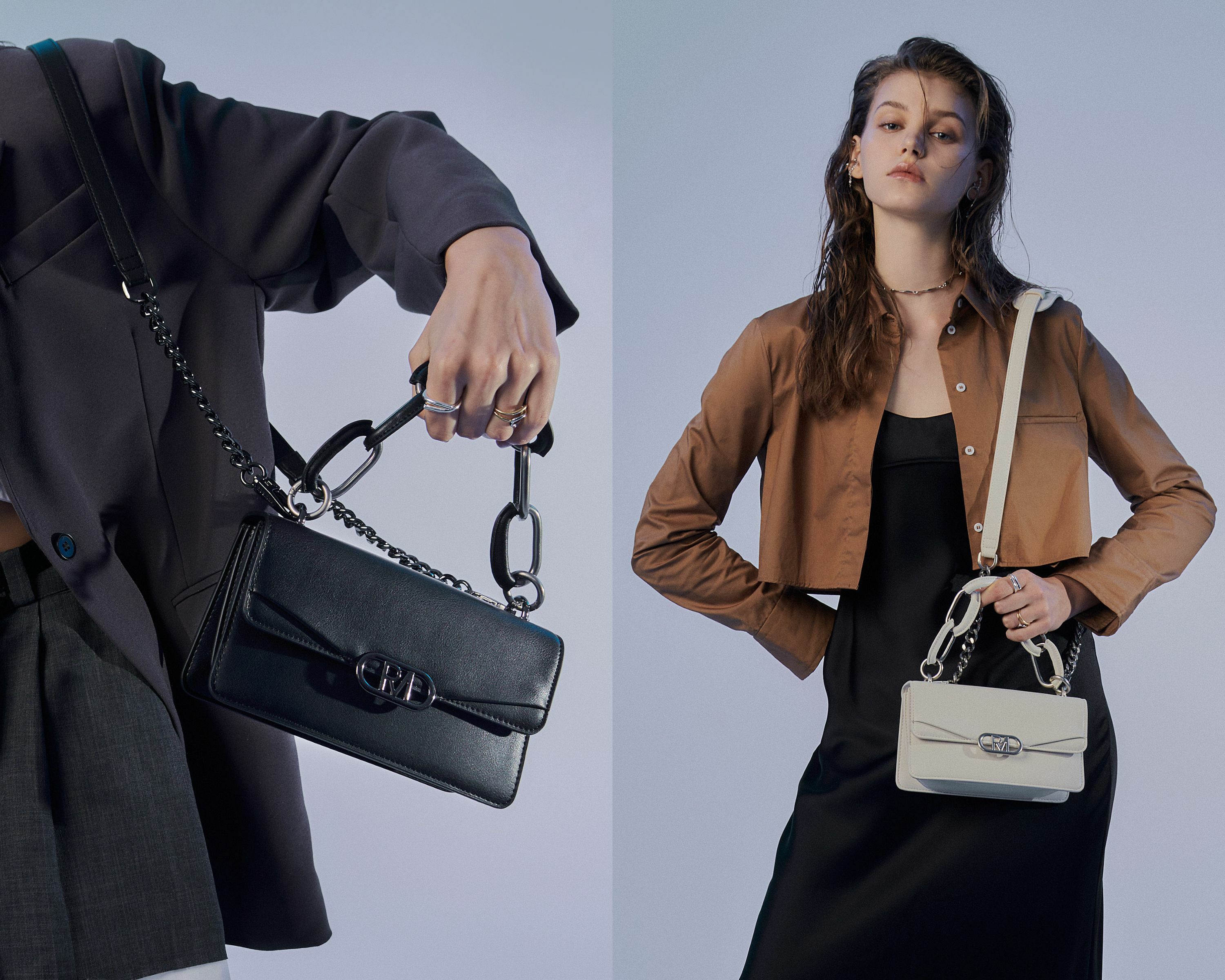 一目瞭然的方形剪裁及穿皮金屬粗鍊帶元素  象徵著獨我、率性的中性風格