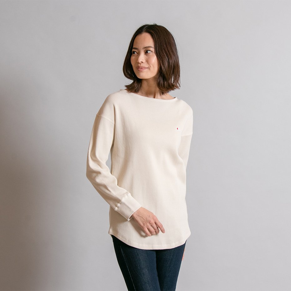 女款 -小C LOGO 華夫格 圓領長袖上衣-米色（CW-S414-710）