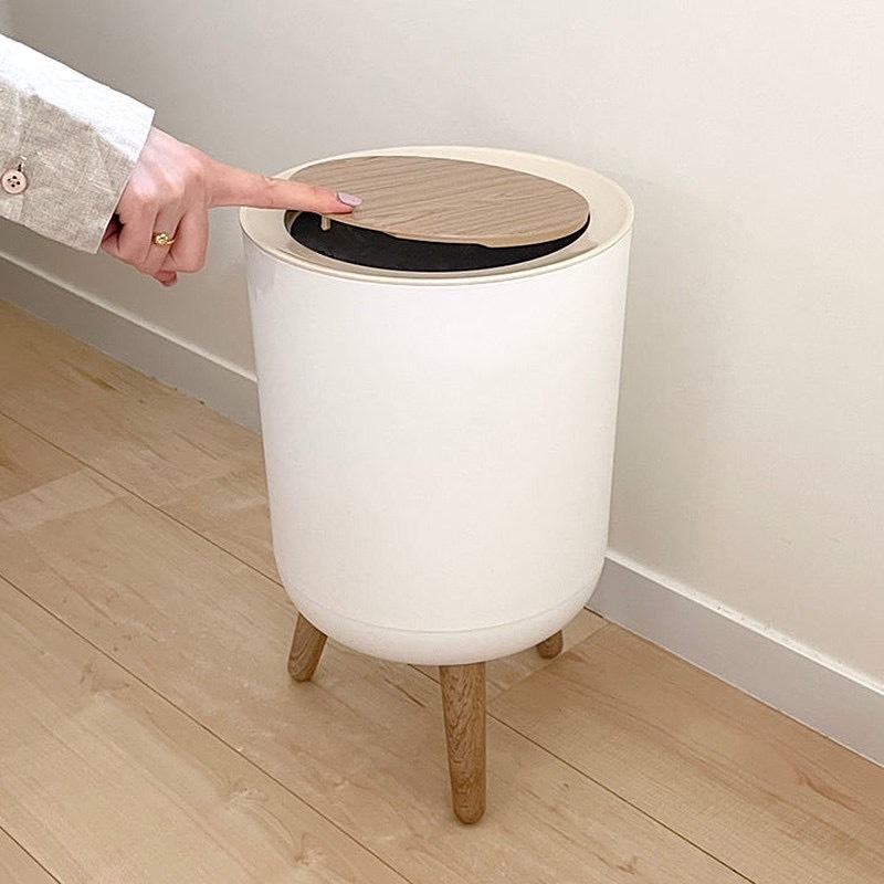 木色按壓式桌腳圓筒垃圾桶