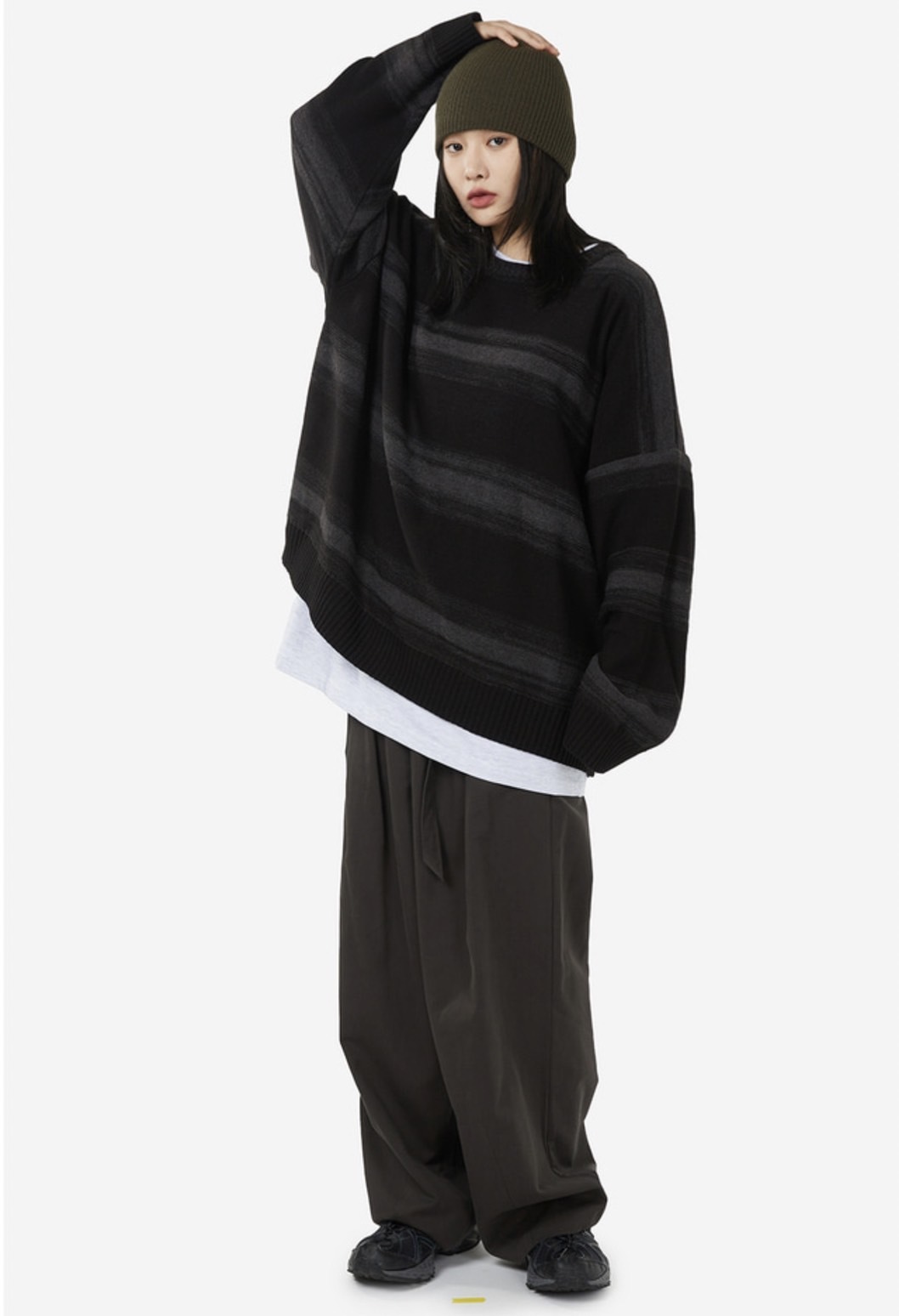 Raucohouse 交織 條紋 落肩 寬鬆 毛衣