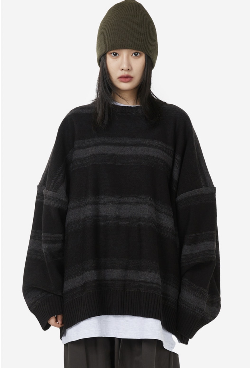 Raucohouse 交織 條紋 落肩 寬鬆 毛衣