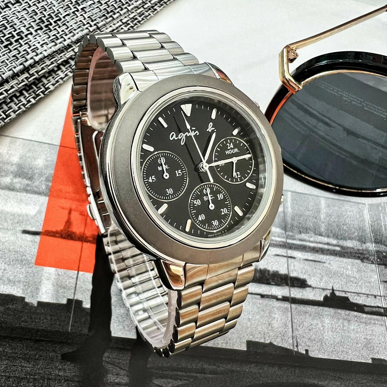 agnes b.】 法國藝術簡約時尚三眼男用腕錶V654-6100D 37mm 現代鐘錶